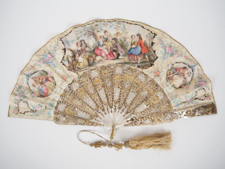 Vente aux enchères Eventail XIXème à 12 brins + 2 MB. Monture en nacre."Plein Vol". Gorge