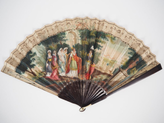 Vente aux enchères Eventail XIXème à 17 brins +2 MB, palissandre et os. Feuille lithograp