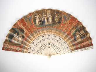 Vente aux enchères Eventail XIXème  à 18 brins + 2MB. Monture en os, repercée et incrusté