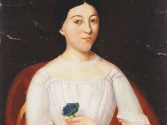 Vente aux enchères Ecole française XIXème. "Portrait de jeune fille à la fleur bleue". Hu