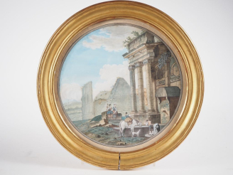 Vente aux enchères Ecole française XIXème. "Paysage de ruine animé". Aquarelle en tondo. 