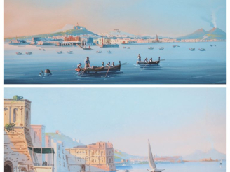 Vente aux enchères 2 gouaches napolitaines. Dim à vue : 15,5 x 24 cm et 16 x 23 cm