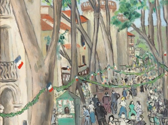 Renée ASPE.  "la fête du 14 juillet à Céret" Huile sur carton, signée 
