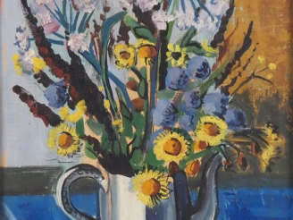 Vente aux enchères Renée ASPE.  "bouquet de fleurs sur une table bleue" Huile sur toile, 