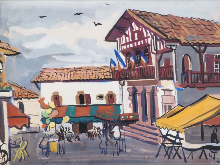 Renée ASPE.  "place du village animée" Gouache, signée en bas à droite