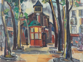 Vente aux enchères Renée ASPE.  "le kiosque sur la place du village" Huile sur carton, si