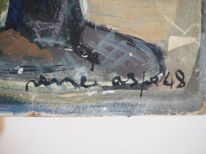 Renée ASPE.  "le kiosque sur la place du village" Huile sur carton, si