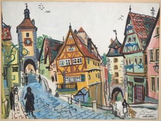 Vente aux enchères Renée ASPE. "Vue du village de Rothenburg, Allemagne". Gouache sur pap