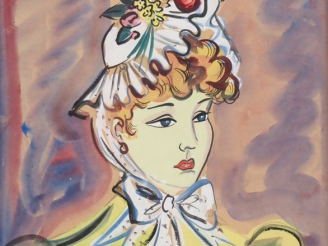 Vente aux enchères Renée ASPE.  "Jeune femme à la robe jaune" Gouache sur papier, signée 