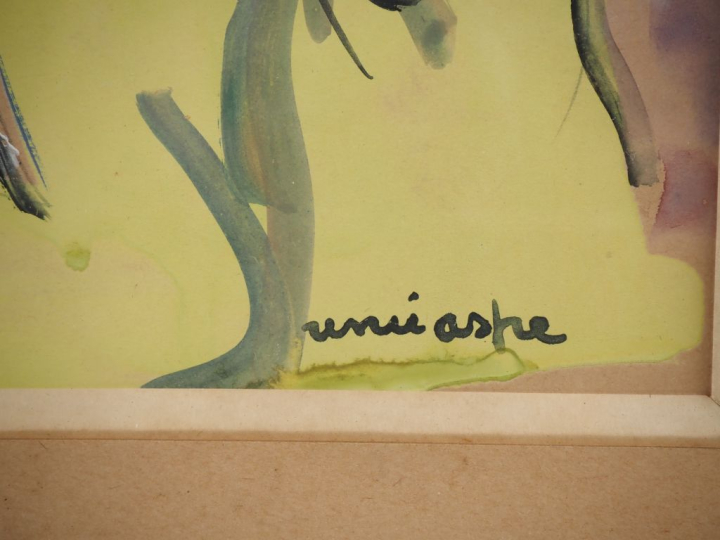 Renée ASPE.  "Jeune femme à la robe jaune" Gouache sur papier, signée 