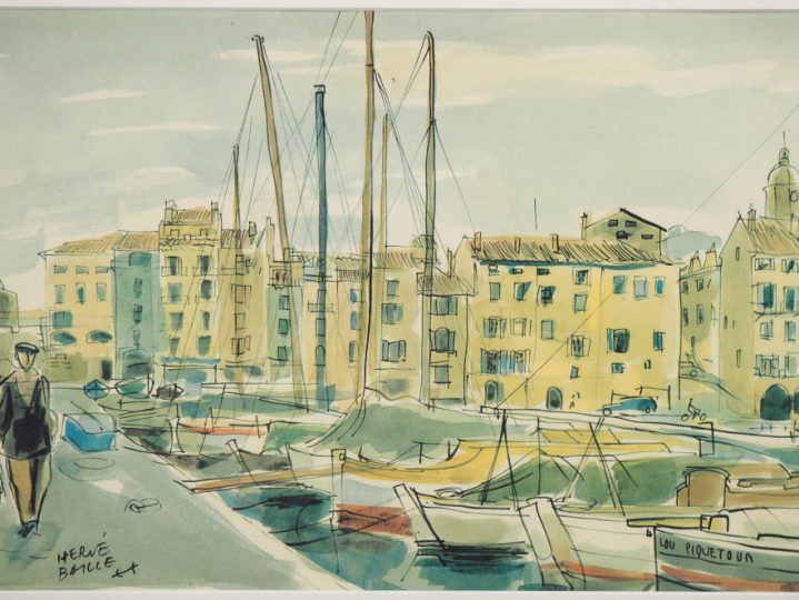 Hervé BAILLE.  "le port de plaisance" Lithographie Dim. À vue : 23,5 x