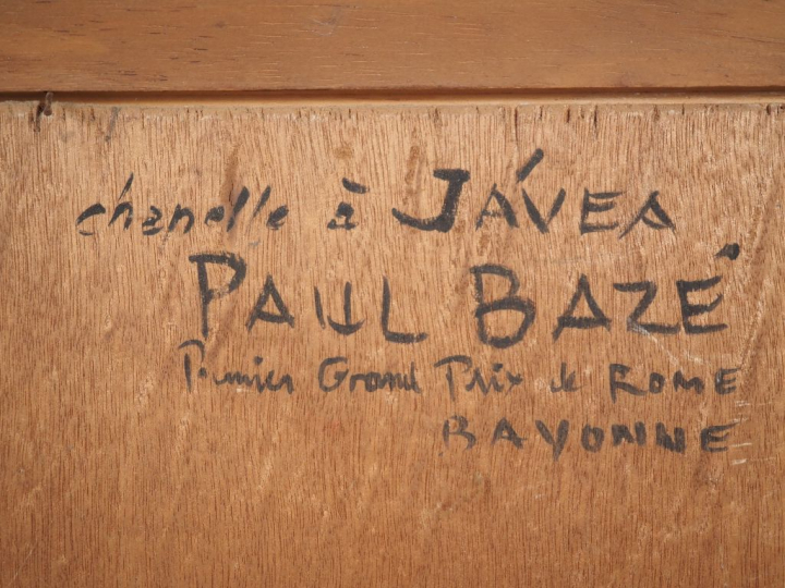Paul BAZE.  "Chapelle à Javea"  Huile sur panneau, signée en bas à gau