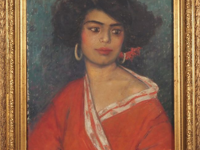 BOUISSET. "Portrait de polynésienne". Huile sur toile, signée en bas à
