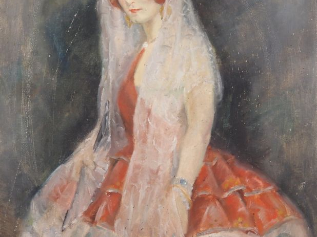 K.E BIORN. "Jeune femme à la mantille". Huile sur toile, signée en bas