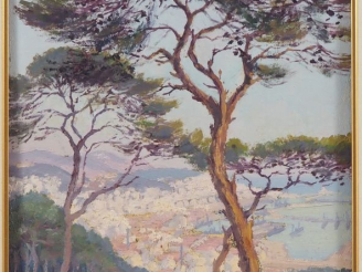 Vente aux enchères Camille Adolphe LAURENS. "Village de bord de mer". Huile sur panneau, 