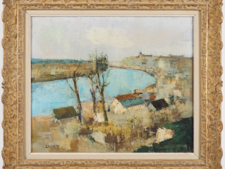 Vente aux enchères LAUZERO. "Village en bord de lac" Huile sur toile, signée en bas à gau