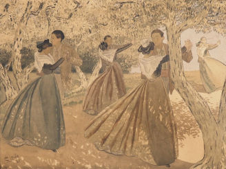Vente aux enchères LEO LELEE. "Danse arlésienne". Aquarelle, signée en bas à gauche et da