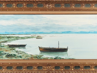 Vente aux enchères Jean MONNIER. "barques sur l'étang de Thau" Huile sur panneau, signée 