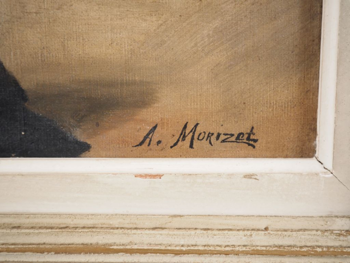 A. MORIZET. "Portait de femme à l'ouvrage". Huile sur toile, signée en