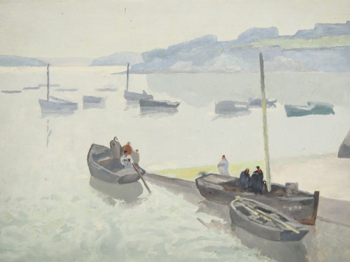 Ecole française XXème. "Port de pêche animé". Huile sur isorel. Dim. 2
