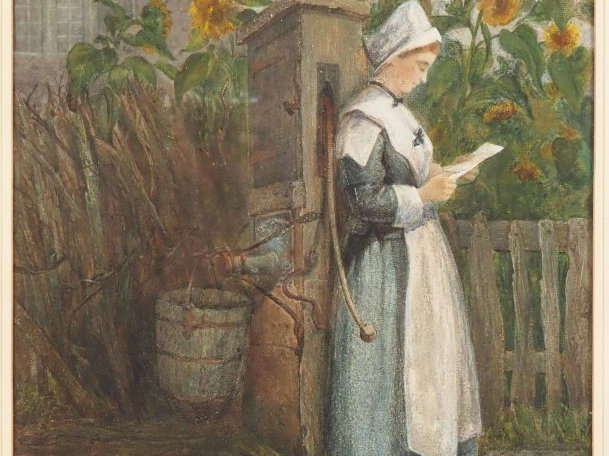 Ecole française XXème. "Lecture dans la cour de ferme". Aquarelle. Dim