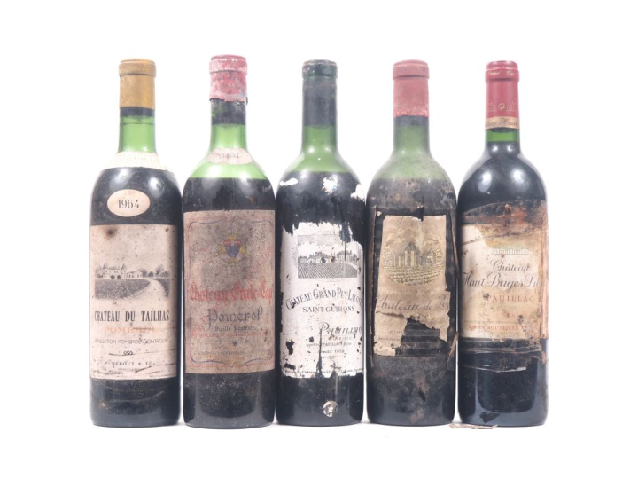 5 BOUTEILLES : 1 CHÂTEAU GRATE CAP POMEROL - 1961 - BEP/ETS/1 CHÂTEAU 