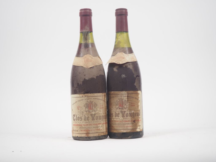 2 BOUTEILLES CLOS DE VOUGEOT LEYMARIE - 1988 - 1 à 3,6 CM/ETS/BTS