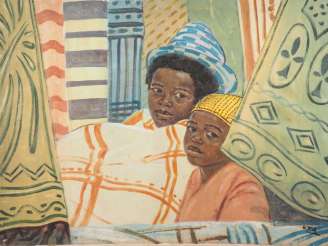 Vente aux enchères Ecole malgache monogrammée R. J.R "les deux enfants" Huile sur toile, 