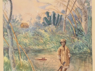 Vente aux enchères Victor RASAMOELINA.  "chasseur dans les marées" Aquarelle, signée en b
