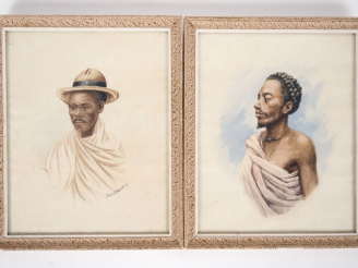 Vente aux enchères RAKOTO. "Portraits de malgaches" Paire d'aquarelles, une signée en bas