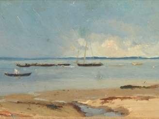 Vente aux enchères L. CABIE.  "Marine" Huile sur panneau, signée en bas à droite Dim. 18,