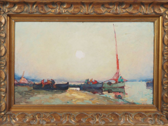 Vente aux enchères Louis PASTOUR.  "grand calme d'été" Huile sur carton, signée en bas à 