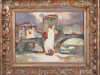 Vente aux enchères Louis PASTOUR.  "le vieux pont" Huile sur panneau, signée en bas à gau