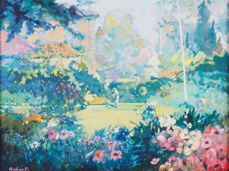 Vente aux enchères Patrick ROBART.  "la pelouse" Huile sur toile, signée en bas à gauche 