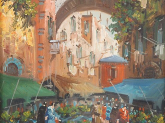 Vente aux enchères A. DE VITRI.  "Marché aux fleurs" Huile sur panneau, signée en bas à g
