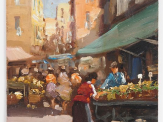 Vente aux enchères Guido VOLPICELLA.  "Marché italien" Huile sur panneau, signée en bas à