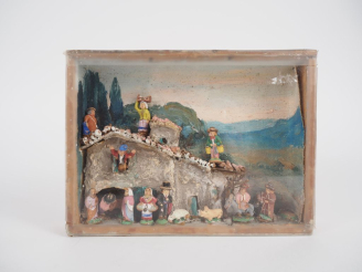 Vente aux enchères Petit paradis. Diorama figurant la sainte famille et des paysans. Dim.