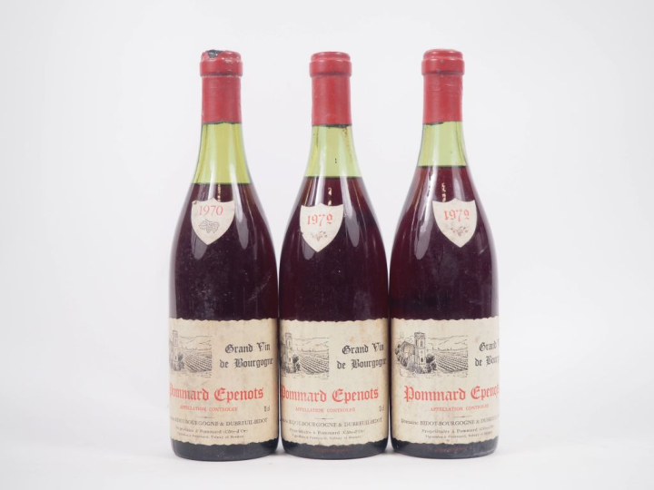 3 BOUTEILLES POMMARD ÉPENOTS DOMAINE BIDOT : 1 DE 1970 - 4,2 CM / 2 DE