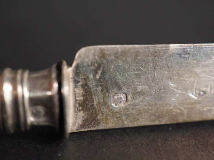 Suite de dix-huit couteaux à fruit, lame en argent 925, poinçon Minerv