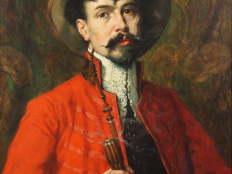 Vente aux enchères F. ROYBET. "autoportrait à la veste rouge" Huile sur toile, signée en 