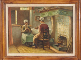 Vente aux enchères DULAC.  "jeunes filles dans la cuisine de la ferme" Huile sur toile, s