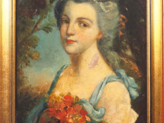 Vente aux enchères Ecole française fin XIXème.  "portrait d'élégante au bouquet de fleurs