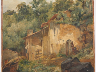 Vente aux enchères Ecole française  XIXème. "ferme en lisière de forêt" Huile sur papier,