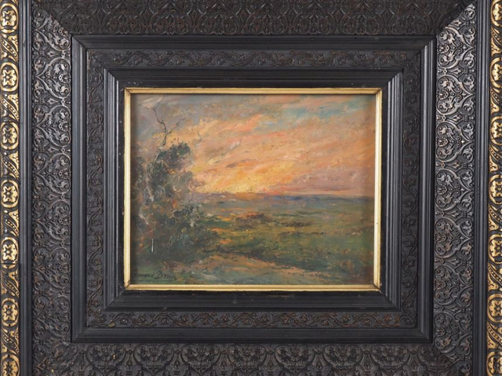 Edouard BRUN.  "paysage au coucher du soleil, environs de Monrestel" H