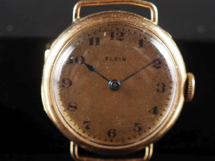 ELGIN Boitier de montre en or jaune 585.  Cadran rond à chiffres arabe