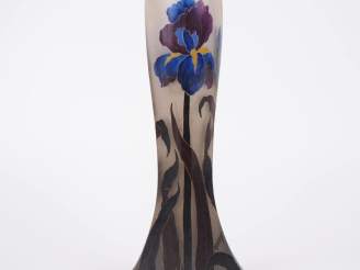 Vente aux enchères NANCEA.  Vase Art Nouveau en verre émaillé, à décor polychrome d'iris 