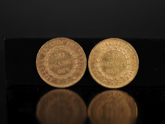 Vente aux enchères Deux pièces de 20 Francs or, 1878-A et 1879-A. FRAIS ACHETEURS 10% HT.