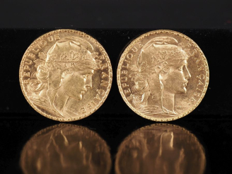 Vente aux enchères Deux pièces de 20 Francs or, 1901 et 1905.  FRAIS ACHETEURS 10% HT.