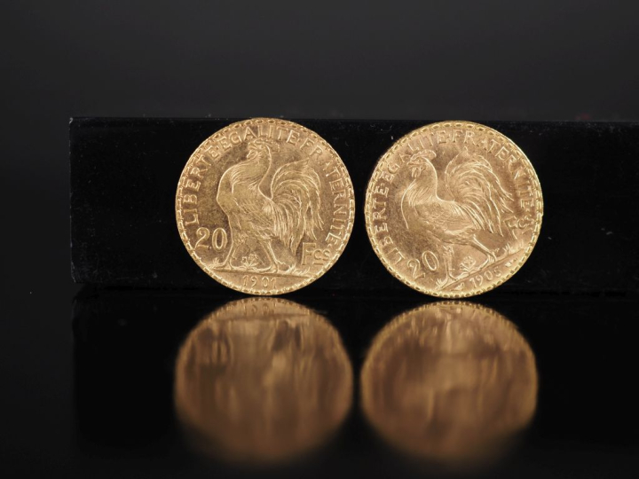 Deux pièces de 20 Francs or, 1901 et 1905.  FRAIS ACHETEURS 10% HT.
