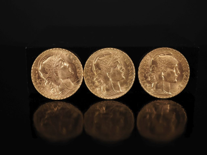 Trois pièces de 20 Francs or, 1907. FRAIS ACHETEURS 10% HT.